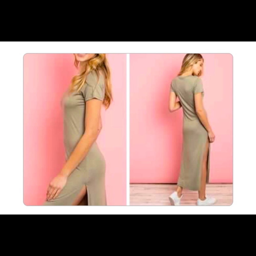 Olive Short sleeve round neck side slit mi…